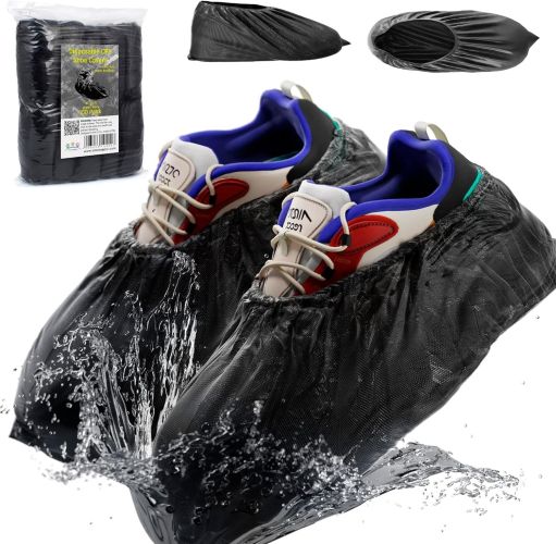 Black Disposable Shoe Covers for Indoors; Outdoors 16' x 5.75'; Pack of 100 CPE Foot Covers for Shoes Disposable; Waterproof Shoe Covers Disposable wi